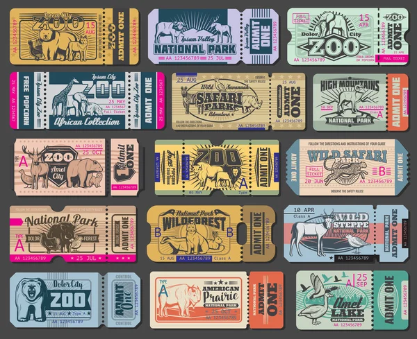 Zoo parque animales salvajes vector entradas — Archivo Imágenes Vectoriales