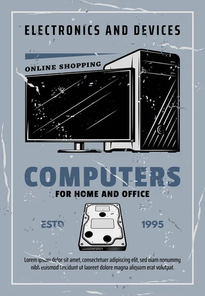 Computadoras y dispositivos electrónicos póster grunge — Archivo Imágenes Vectoriales