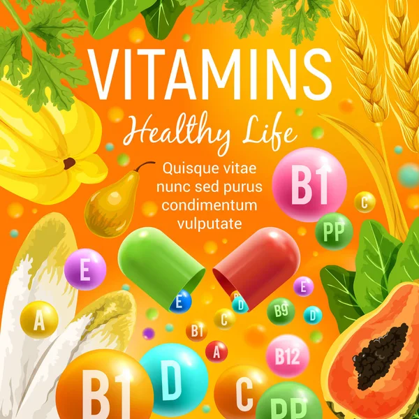 Növényi saláta és gyümölcs egészséges vitaminok — Stock Vector
