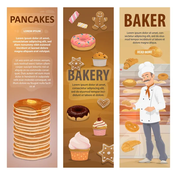 Pan de panadería, postres y panadería banderas vectoriales — Vector de stock