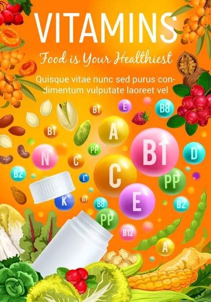 Vitaminas de saúde em vegetais orgânicos e bagas — Vetor de Stock