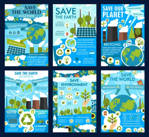 Save Earth et éco planète verte affiches vectorielles — Image vectorielle