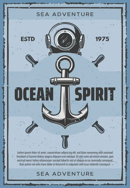Nautical anchor and retro aqualung vector poster — Stock Vector