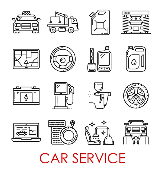 Outils de service de voiture et des icônes de ligne mince de transport — Image vectorielle