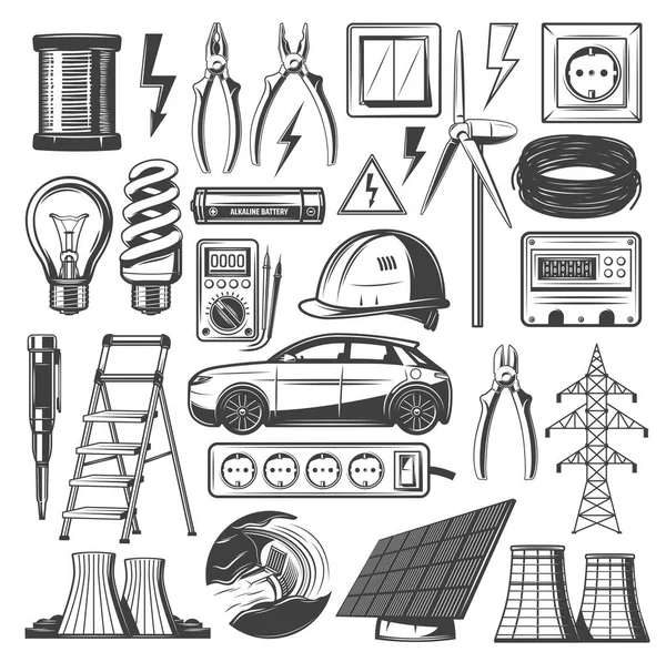 Electricity power and energy sources vector icons — Stock Vector