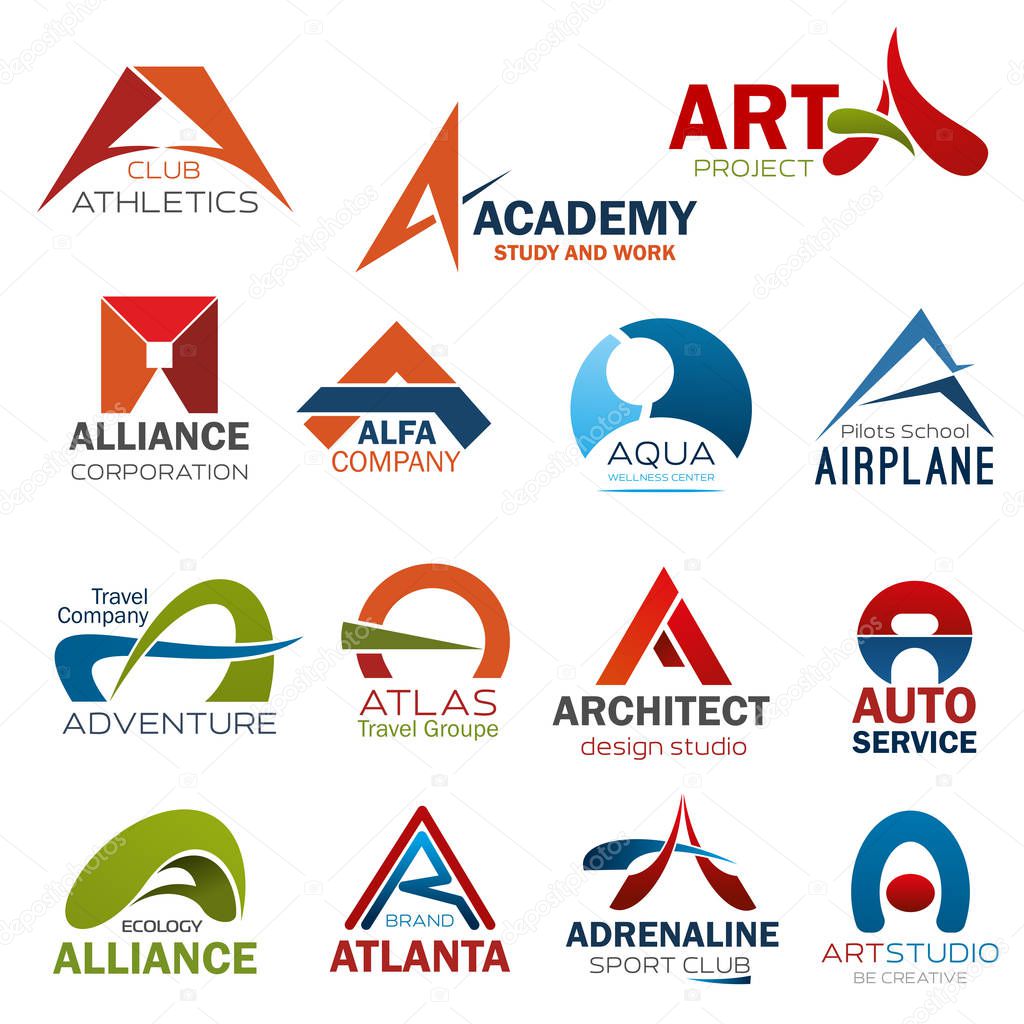 Letter A icons for corporate identity of art design studio, athletics gym club or study academy and airplane pilots school. Vector symbols for travel adventure company and architect technology