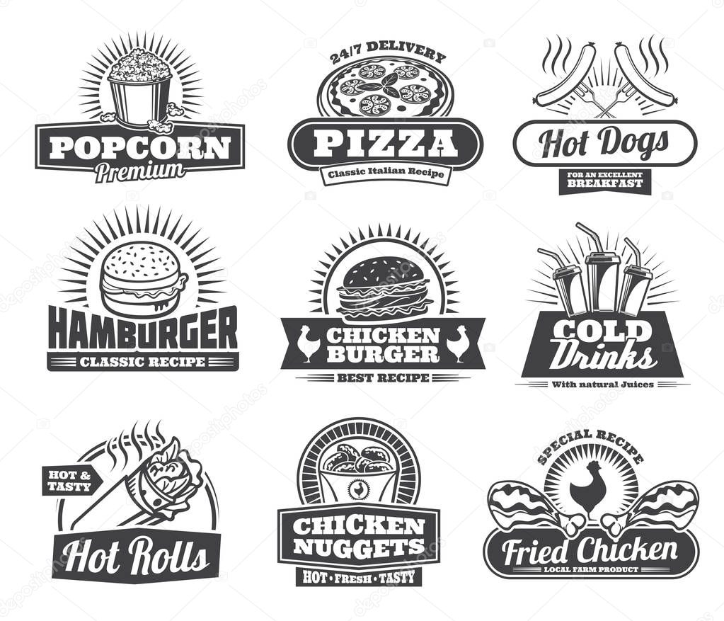 Fast food retro icons of fastfood meals and snacks or drinks for cafe, restaurant or bistro menu. Vector popcorn, pizza or hot dog sausage, hamburger or cheeseburger and soda or coffee drink