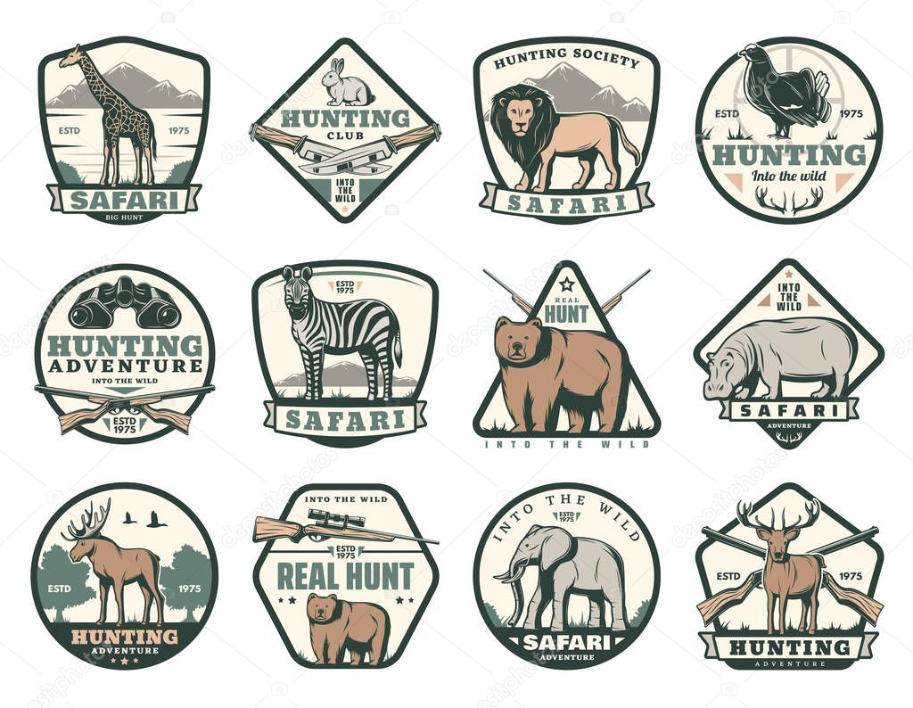 Hunting club icons of wild animals for African safari and open season hunt. Vector badges for hunter society giraffe, lion or rabbit and pheasant bird, zebra or bear and hippopotamus with elephant
