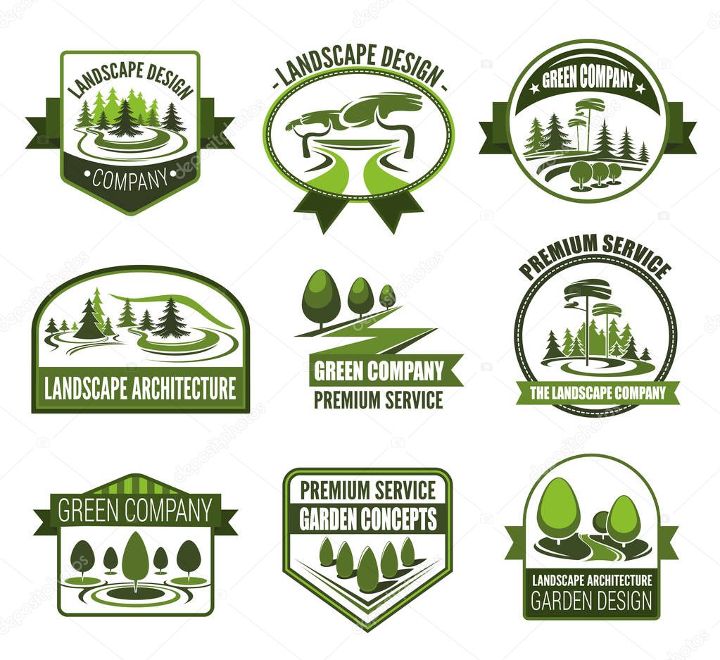 Gardens association icons for landscape design and horticulture gardening. Vector symbols of forest trees or parkland squares and green parks for nature architect premium service company