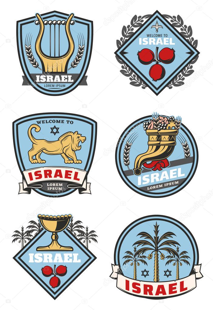 Israel travel and culture icons of traditional Jewish symbols. Vector heraldic set of Judaism religion David star, Torah book or Shofar horn and holy grail or lion on shield crest