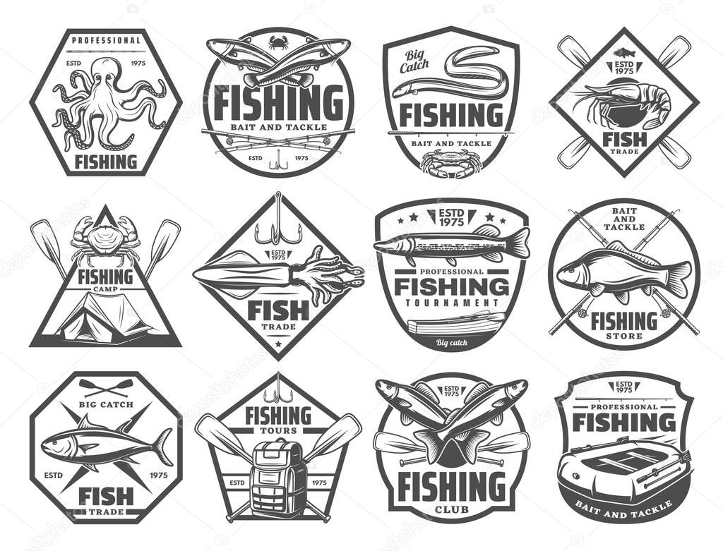 Fishing retro sketch icons for fisherman club or adventure. Vector set of big fish big catch and fisher tackles for seafood octopus, eel or mackerel and marlin or trout and salmon