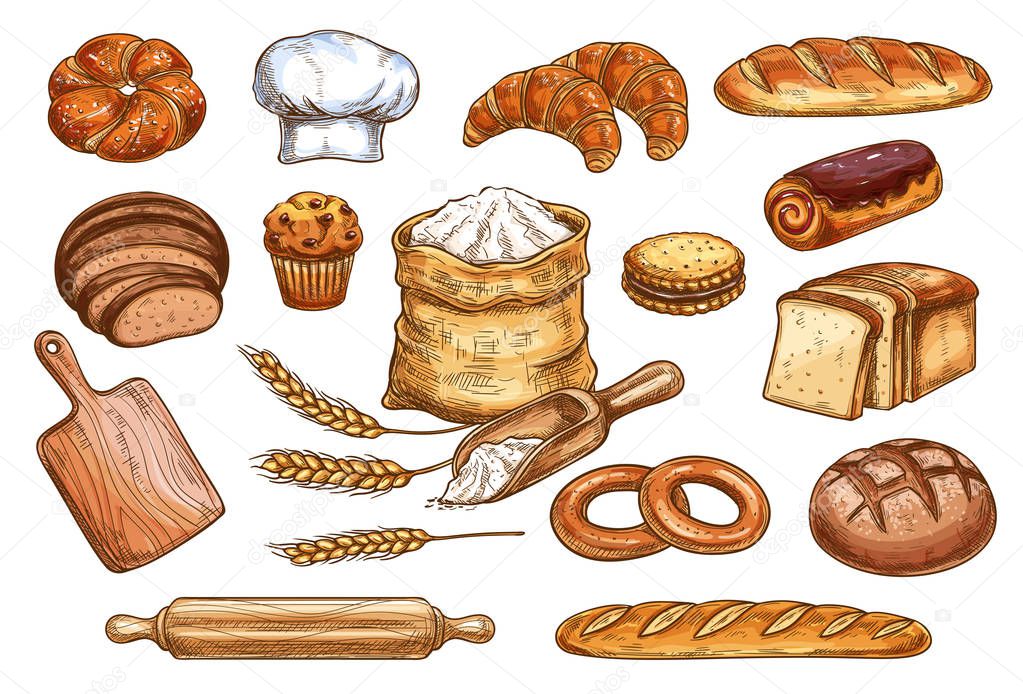 Bakery bread and pastry cakes vector sketch