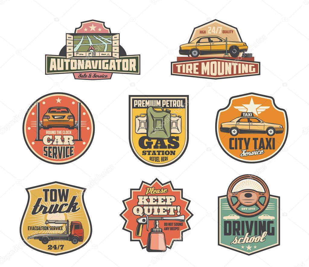 Car service retro icons for taxi or auto garage service. Vector navigator map, tire mounting and fitting of gas station, tow truck or wrecker and diving school advertisement or keep quiet sign