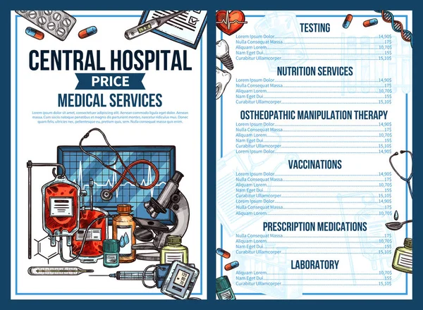 Hôpital médical central vecteur croquis liste des prix — Image vectorielle