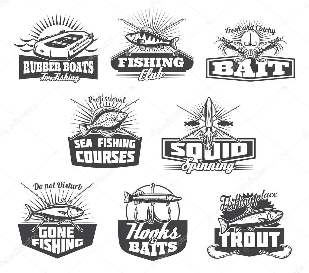 Fishing club or fisher store icons. Vector isolated set of fisherman tackles, rod or rubber boat for fish and seafood catch of octopus, flounder or shrimp prawn and river pike or sea tuna on hook