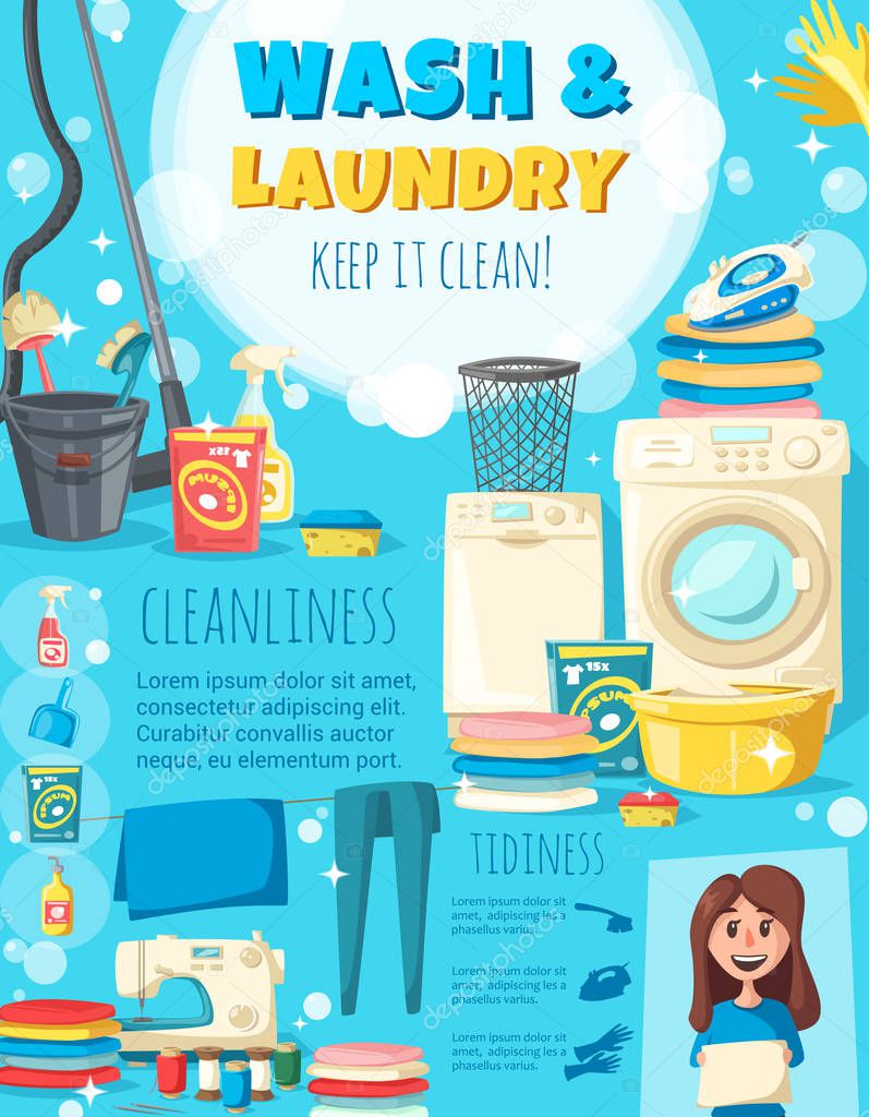 Home wash and laundry service vector poster