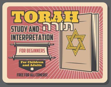 Yahudi din çalışmada ve kutsal Tevrat yorumu kursları Musevi topluluk çocuklar ve yetişkinler için. Vektör reklam retro poster Tevrat kaydırma kitap ile Magen David yıldız