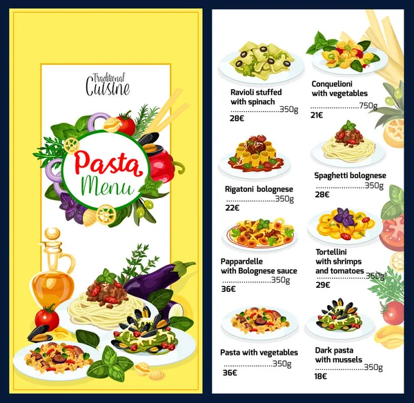 Pasta menu for Italian cafe with cuisine of Italy — Stock Vector