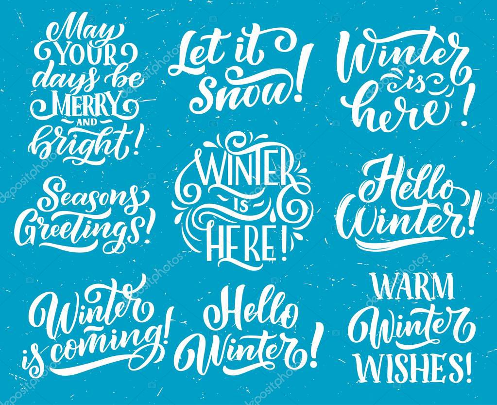 Winter season holidays and New Year or Merry Christmas celebration lettering. Vector snow sketch quotes and warm wishes of Hello Winter is here coming for greeting card design