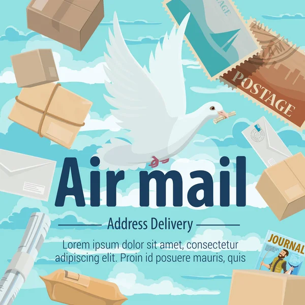 Air mail address delivery pigeon, letters, parsels — Stock Vector
