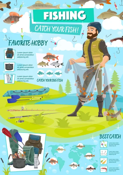 Balıkçılık spor poster balıkçı ve öğeleri — Stok Vektör