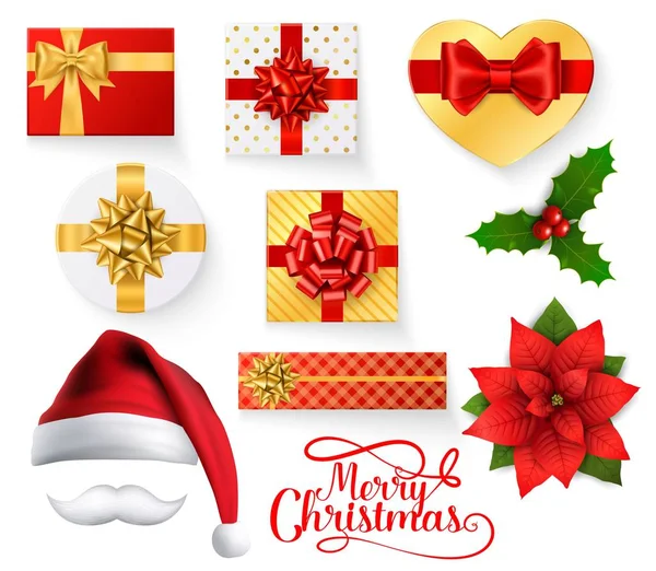 Kerst objecten met kerstmuts, geschenkverpakkingen, holly — Stockvector