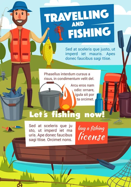 Cartaz de viagem e pesca com pescador e acampamento — Vetor de Stock