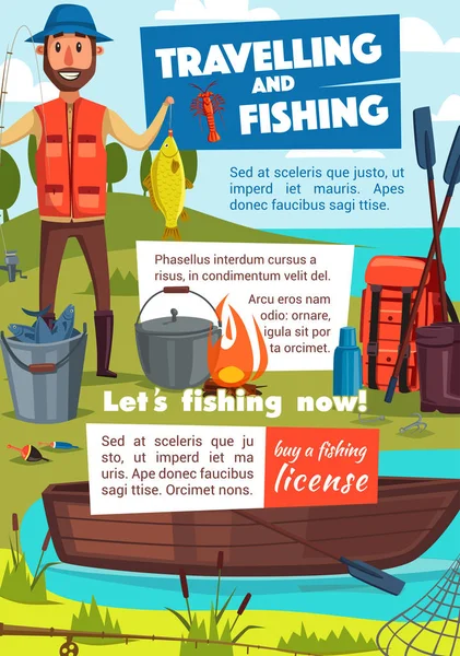 Cartel de viaje y pesca con pescador y campamento — Archivo Imágenes Vectoriales