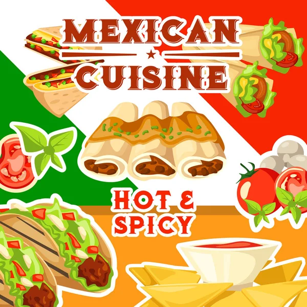 Cuisine mexicaine avec des plats chauds et épicés — Image vectorielle