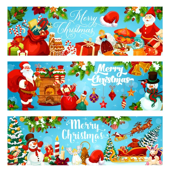 Kerstboom, geschenken en Santa banners — Stockvector