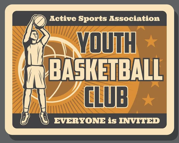 Sport basket club poster vintage con giocatore — Vettoriale Stock