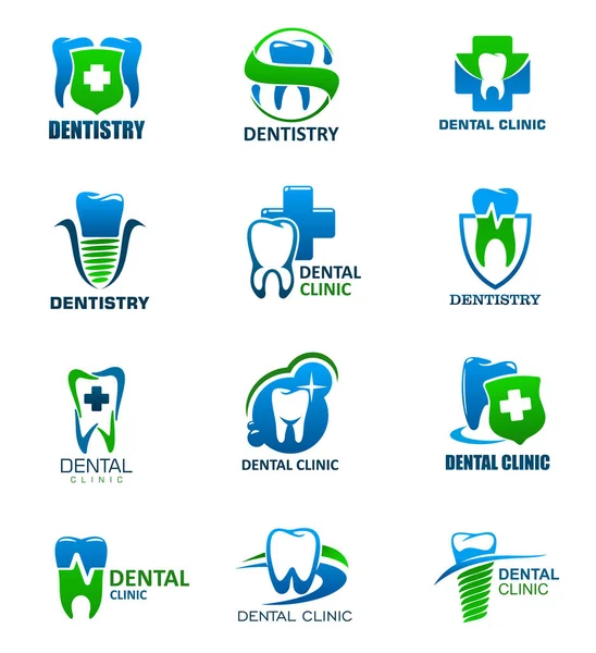 Iconos de la clínica de odontología con diente, cruz, escudo — Vector de stock