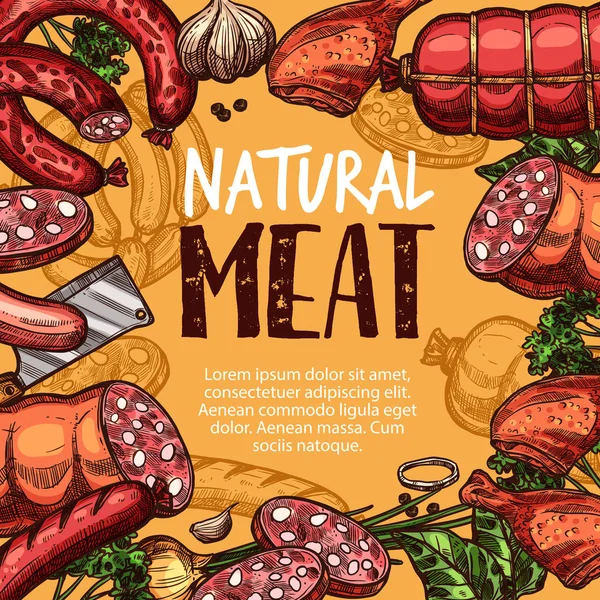 Plakat mięsa z kiełbasa, nóż i spice szkicu — Wektor stockowy
