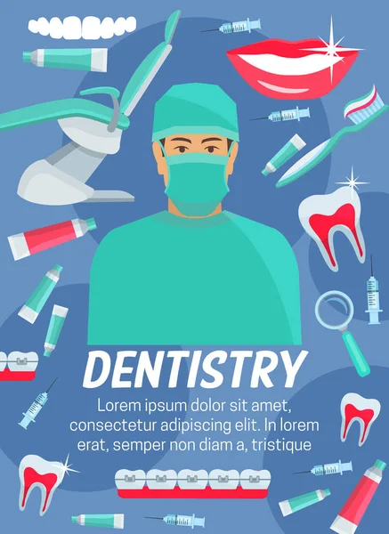 Cartaz de odontologia de dentista, dente e ferramenta dentária —  Vetores de Stock