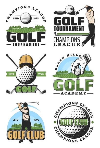 Golf club deportivo iconos retro, pelota y golfista — Archivo Imágenes Vectoriales
