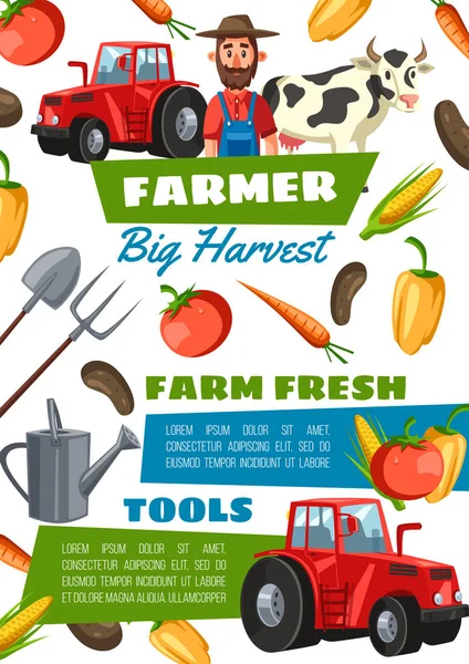 Happy farmer, equipment, vegetables and tractor — Stock Vector