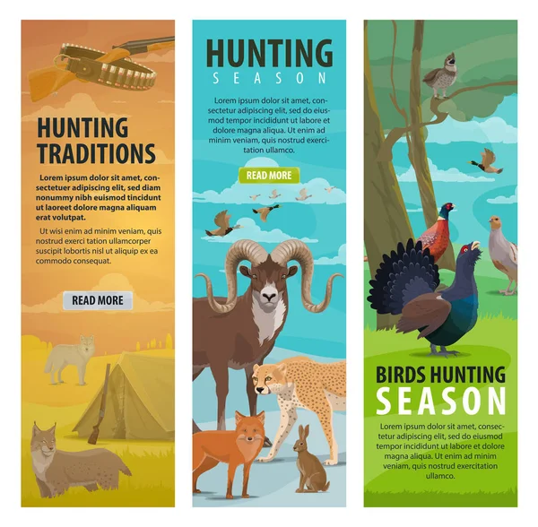 Tier, Vogel und Jäger auf Jagdsportfahnen — Stockvektor