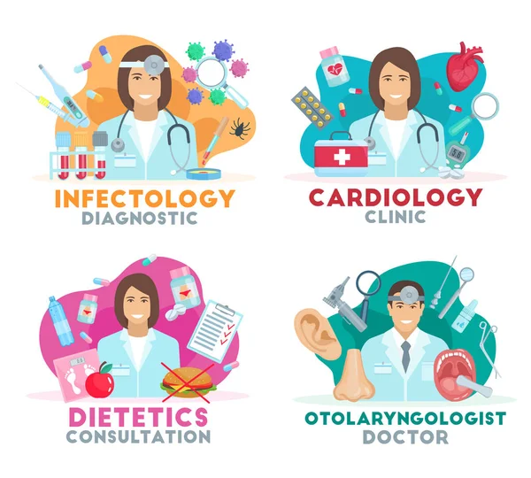 Icone della medicina vettoriale con i medici — Vettoriale Stock
