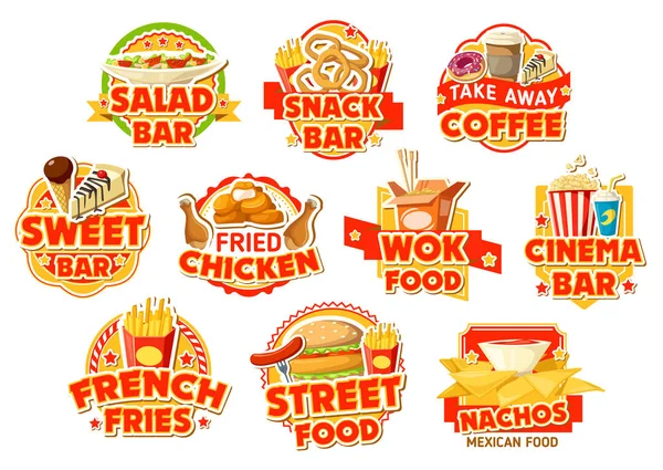 Fast food restaurant labels, hamburgers en dranken — Stockvector