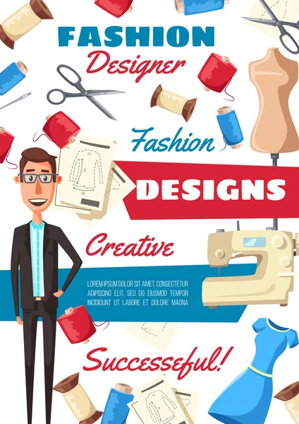 Créateur de mode, tailleur et outils à coudre — Image vectorielle