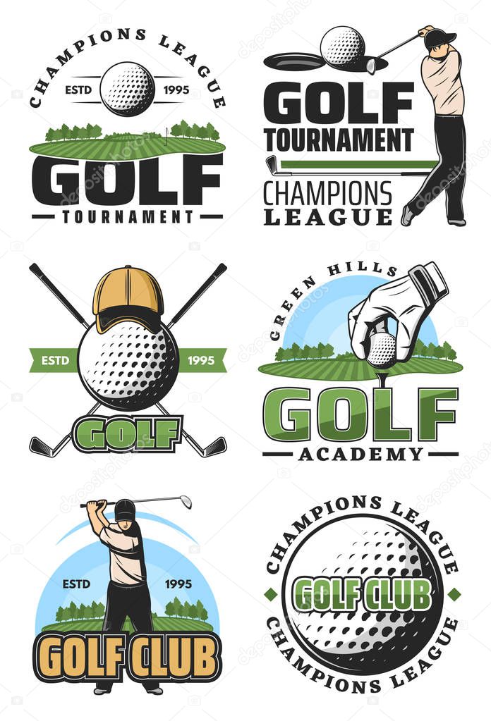 Golf sport club retro icons, ball and golfer