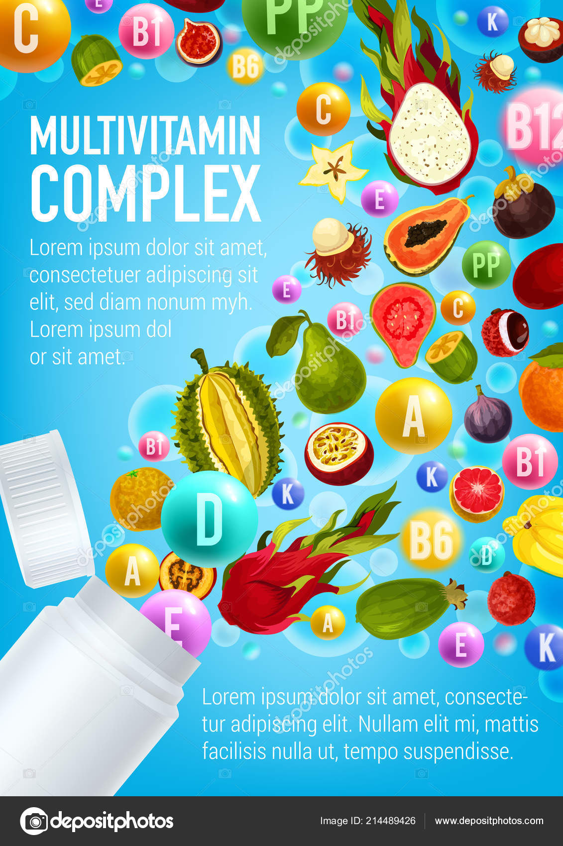 Multivitamin poster, vitamin pill and fruits — Stock Vector