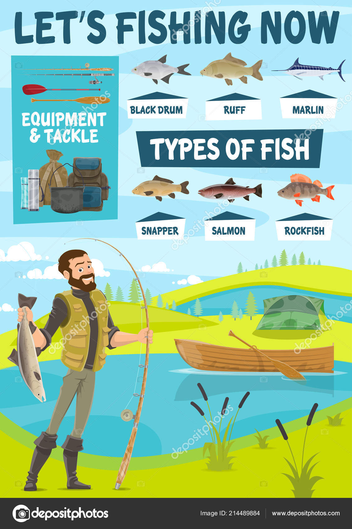 Fishing equipment, fisherman and fish Stock Vector by ©Seamartini 214489884