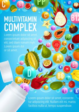 Multivitamin poster, vitamin hapı ve meyve