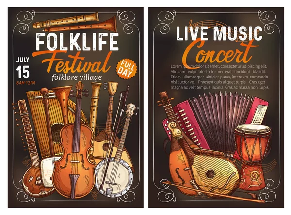 Affiche du festival de musique folklorique avec instrument ethnique — Image vectorielle