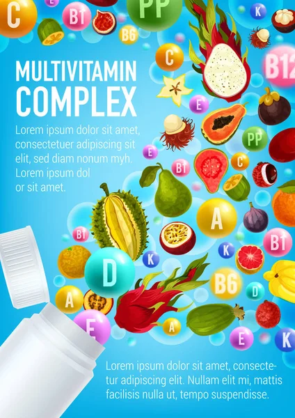 Multivitamin poszter, vitamin tabletta és gyümölcsök — Stock Vector