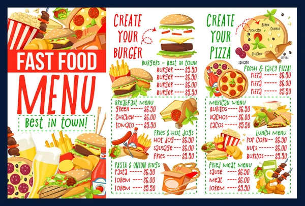 Menu de fast food com hambúrguer e ingredientes de pizza — Vetor de Stock