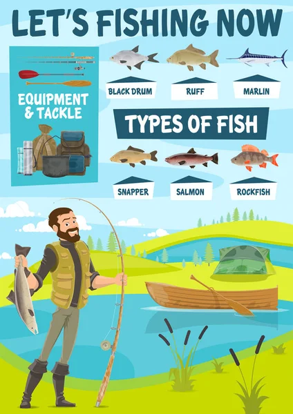 Material de pesca, pescador y pescado — Vector de stock