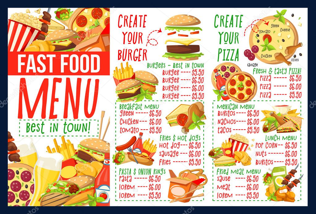 Fast food menu with burger and pizza ingredients