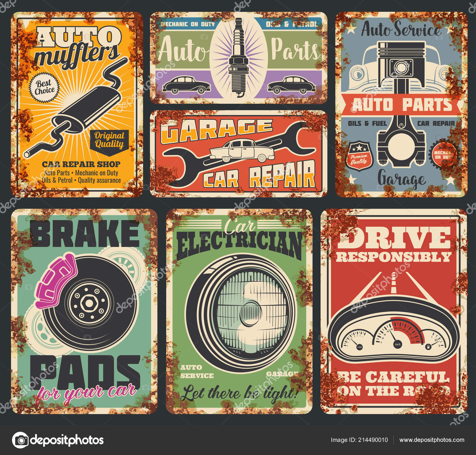 Гаражные Вагоны Ржавые Металлические Баннеры Векторное Изображение.